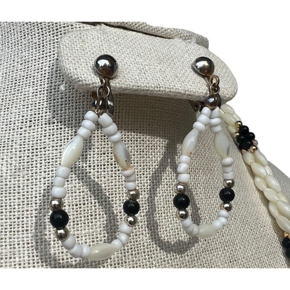 Vintage Rice Pearl Necklace Mother of Pearl Onyx Black Twisted Clip Earrings Set - Picture 2 of 9